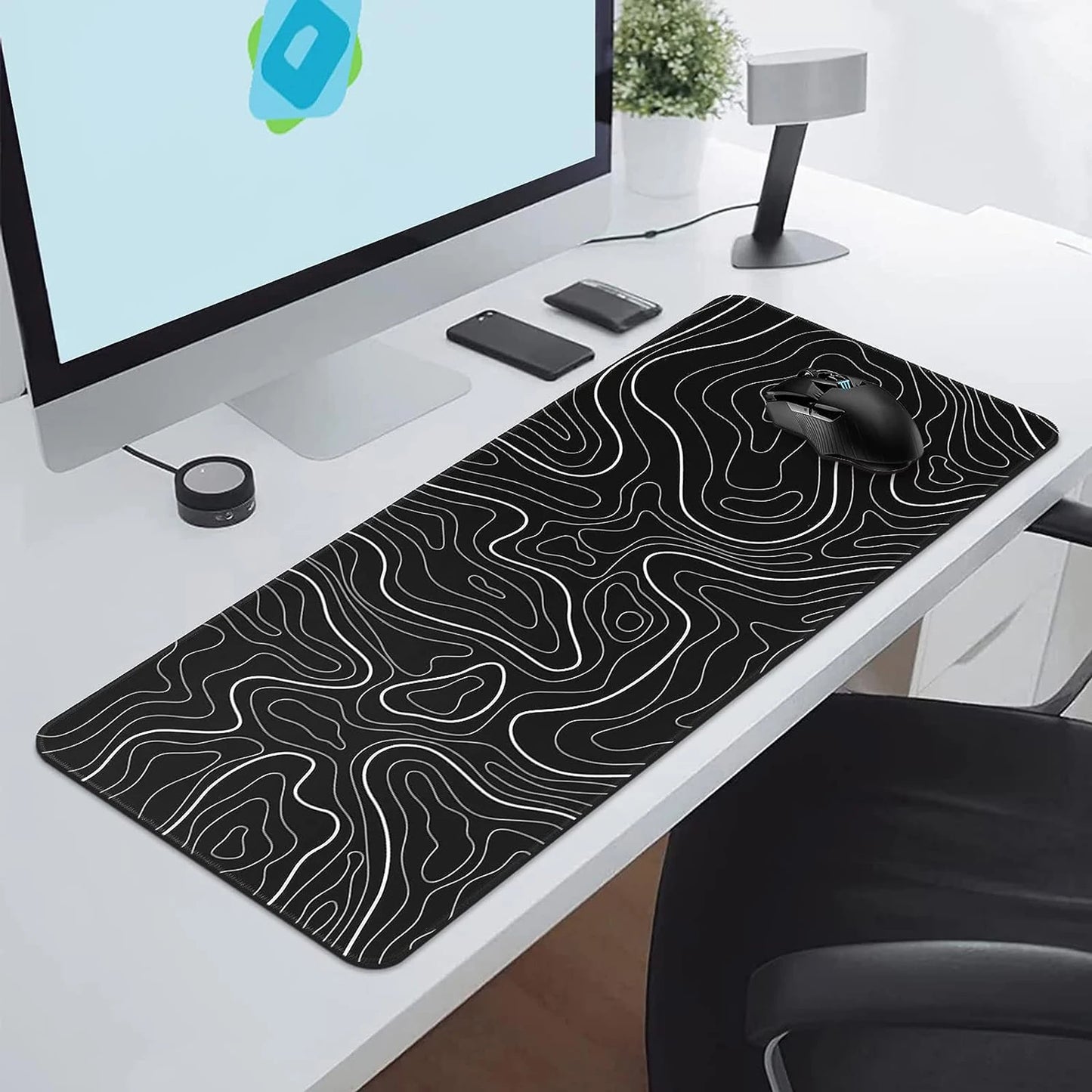 1Pcs Gaming Mouse Pad Large Keyboard Pad 31.5 x 11.8in Topographic Mouse Pad Black and White Mouse Pad for Keyboard with Anti-Sl