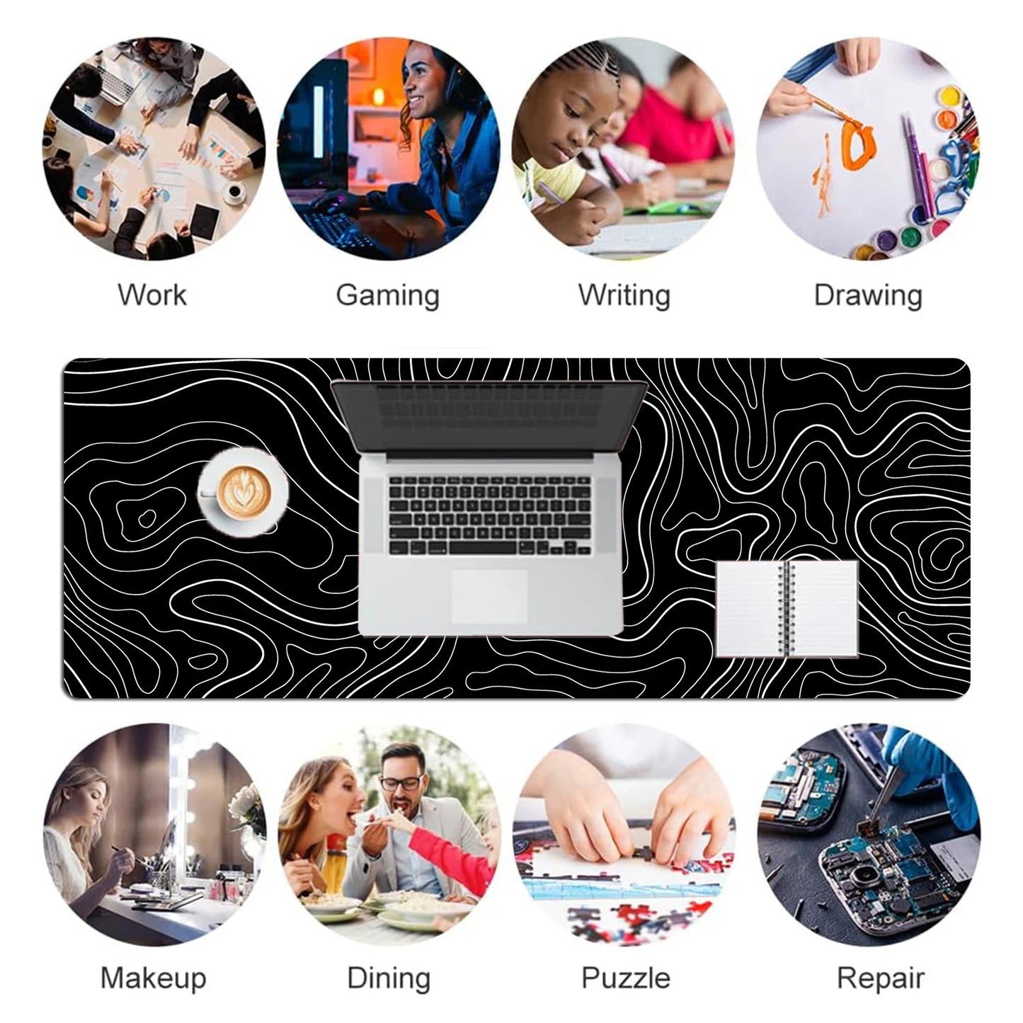 1Pcs Gaming Mouse Pad Large Keyboard Pad 31.5 x 11.8in Topographic Mouse Pad Black and White Mouse Pad for Keyboard with Anti-Sl